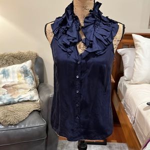 J Crew Navy Blue 100% Silk Ruffle Blouse - Size 0